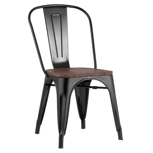 Tolix Dining Chair Glossy Black Dark Wooden Board 