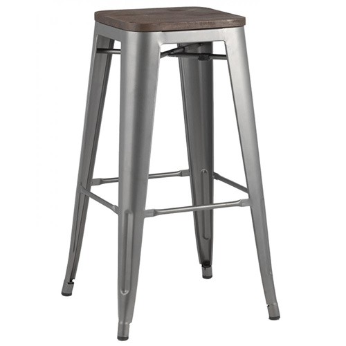 Tolix bar stool silver metal wood board footrest