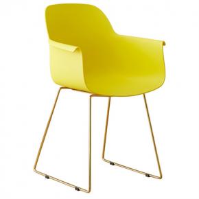 Stylish yellow pp armchair with golden metal base